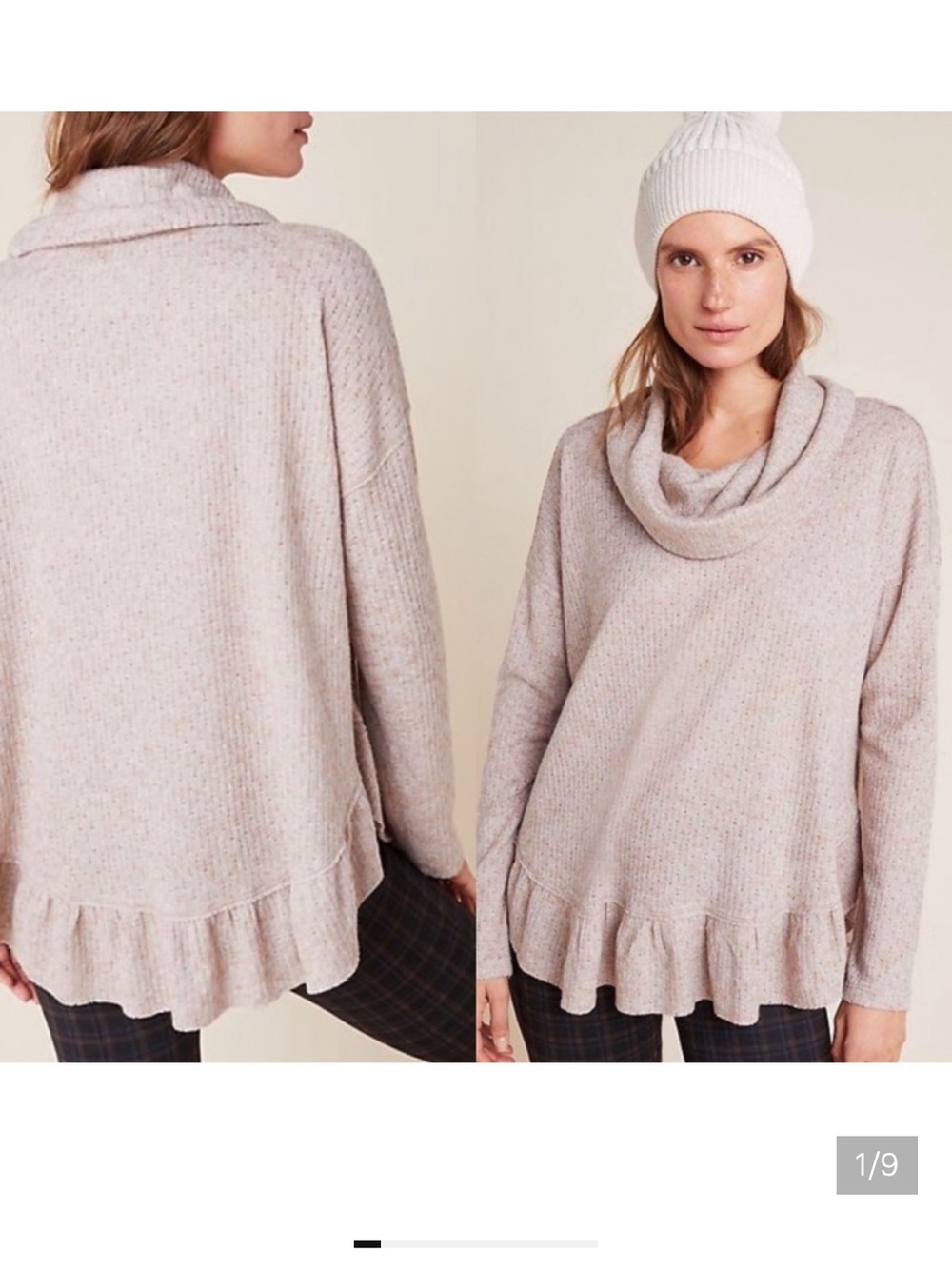 Maeve Blush Cowl Neck Sweater with Ruffle Hem